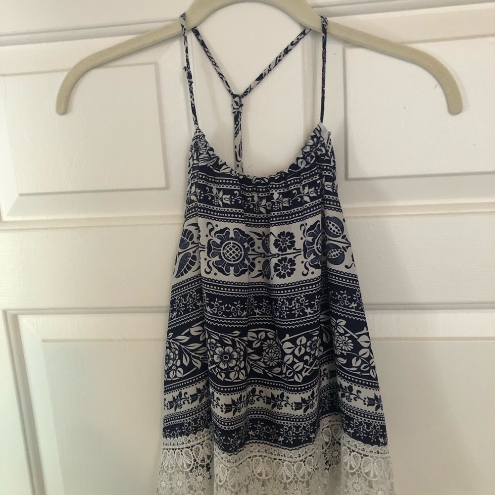 Navy and White Women's Top with Lace Trim